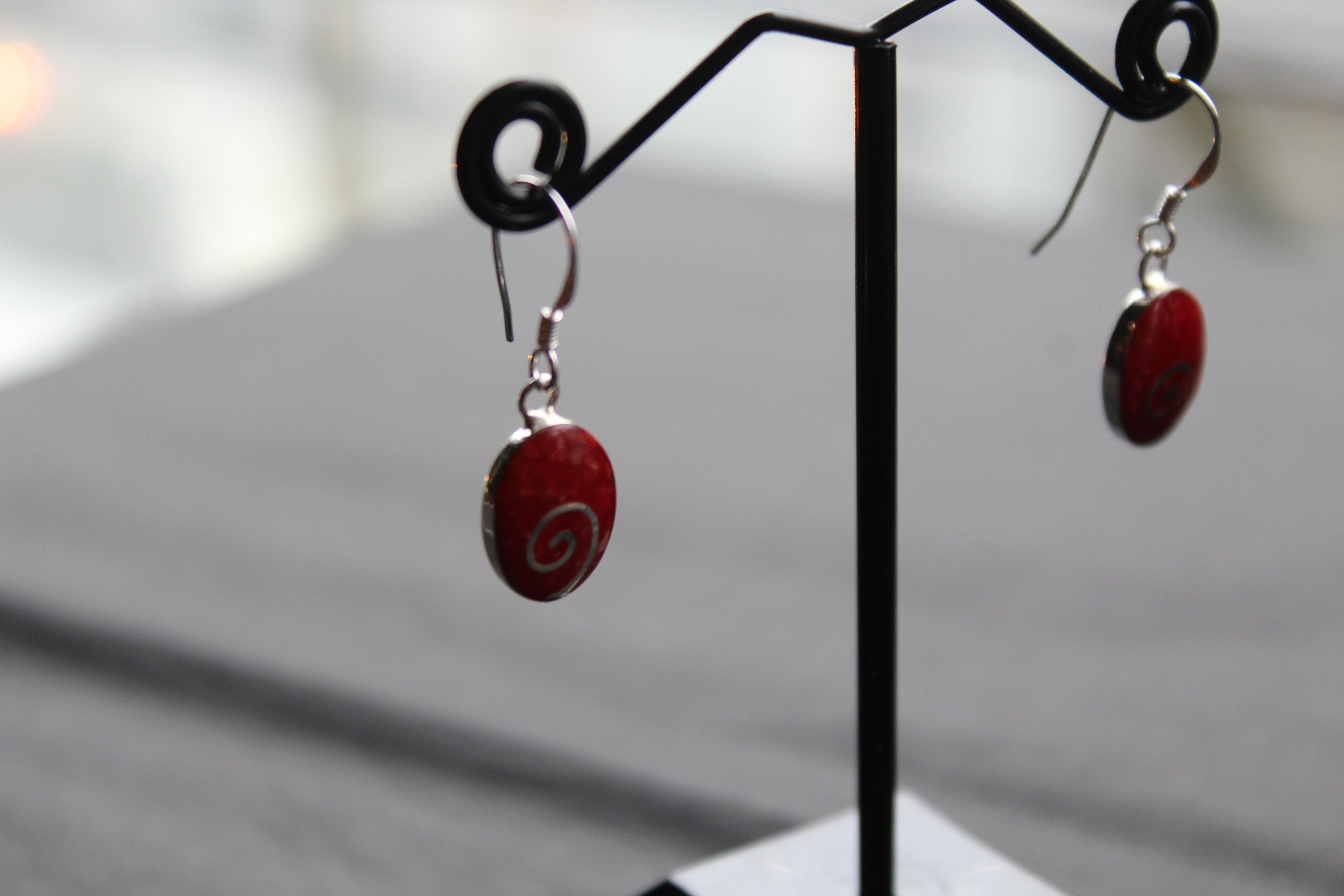 Silver Coral Oval Spiral Earrings