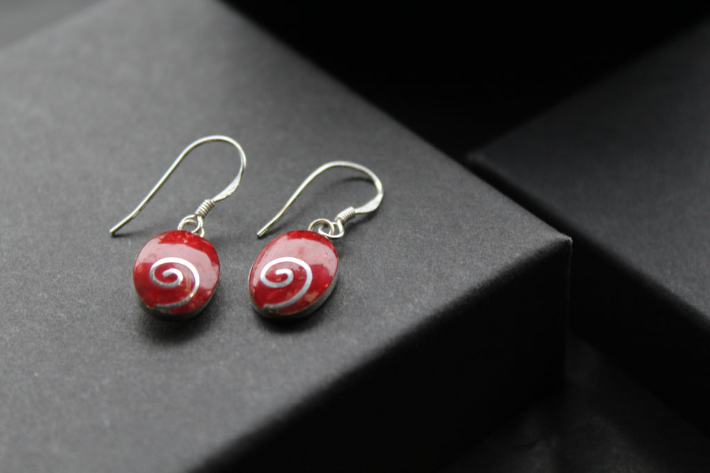 Silver Coral Oval Spiral Earrings