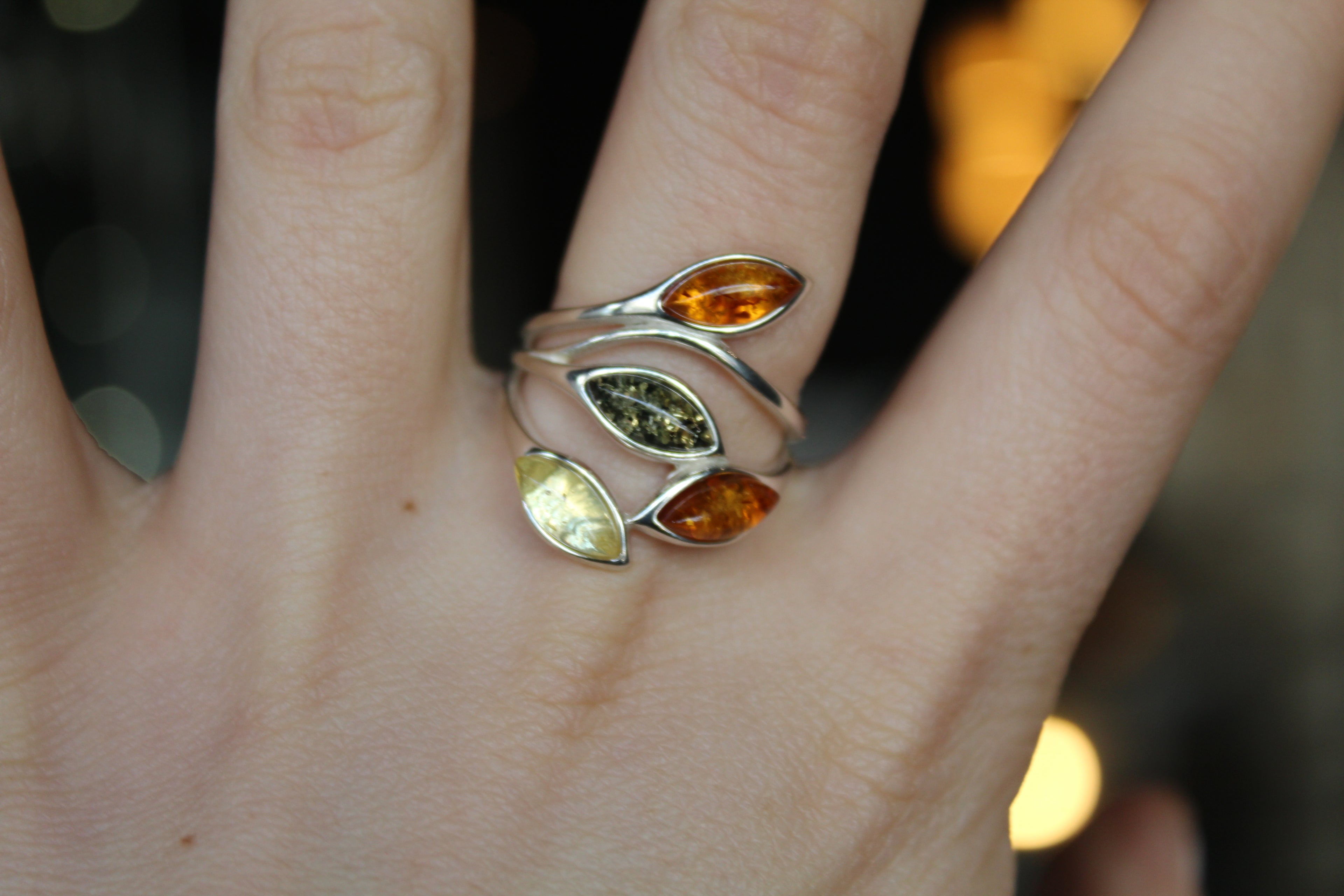 Silver Ring with Mixed Amber Leaves