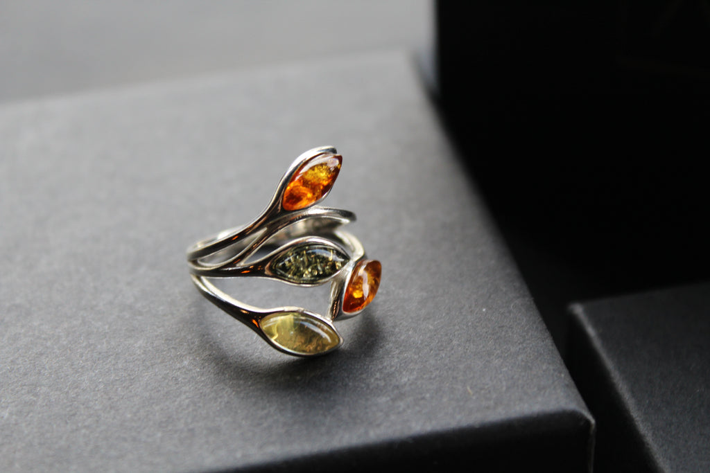 Silver Ring with Mixed Amber Leaves