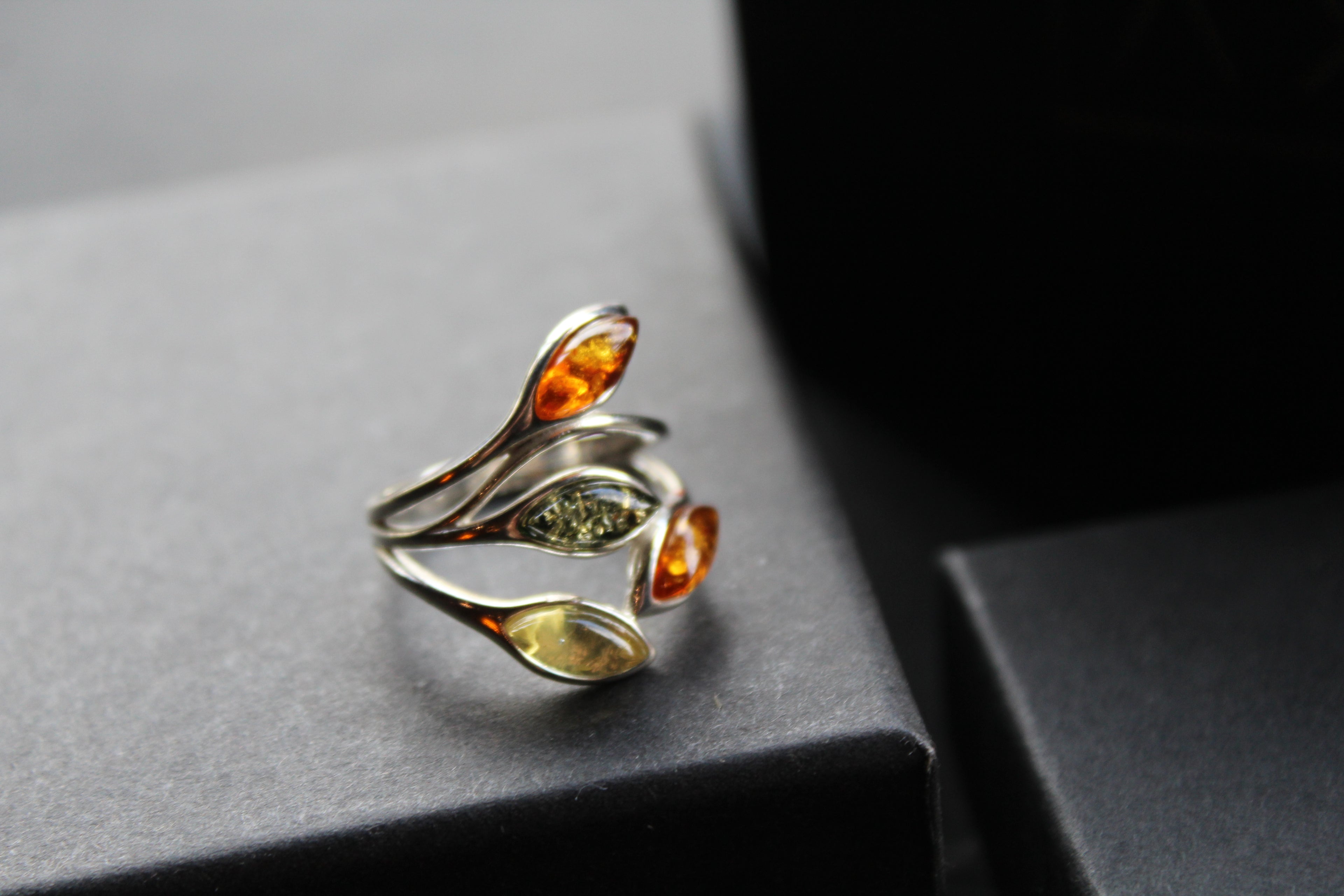 Silver Ring with Mixed Amber Leaves