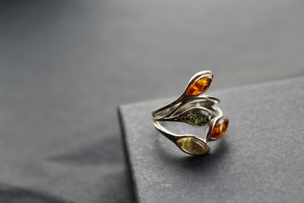 Silver Ring with Mixed Amber Leaves