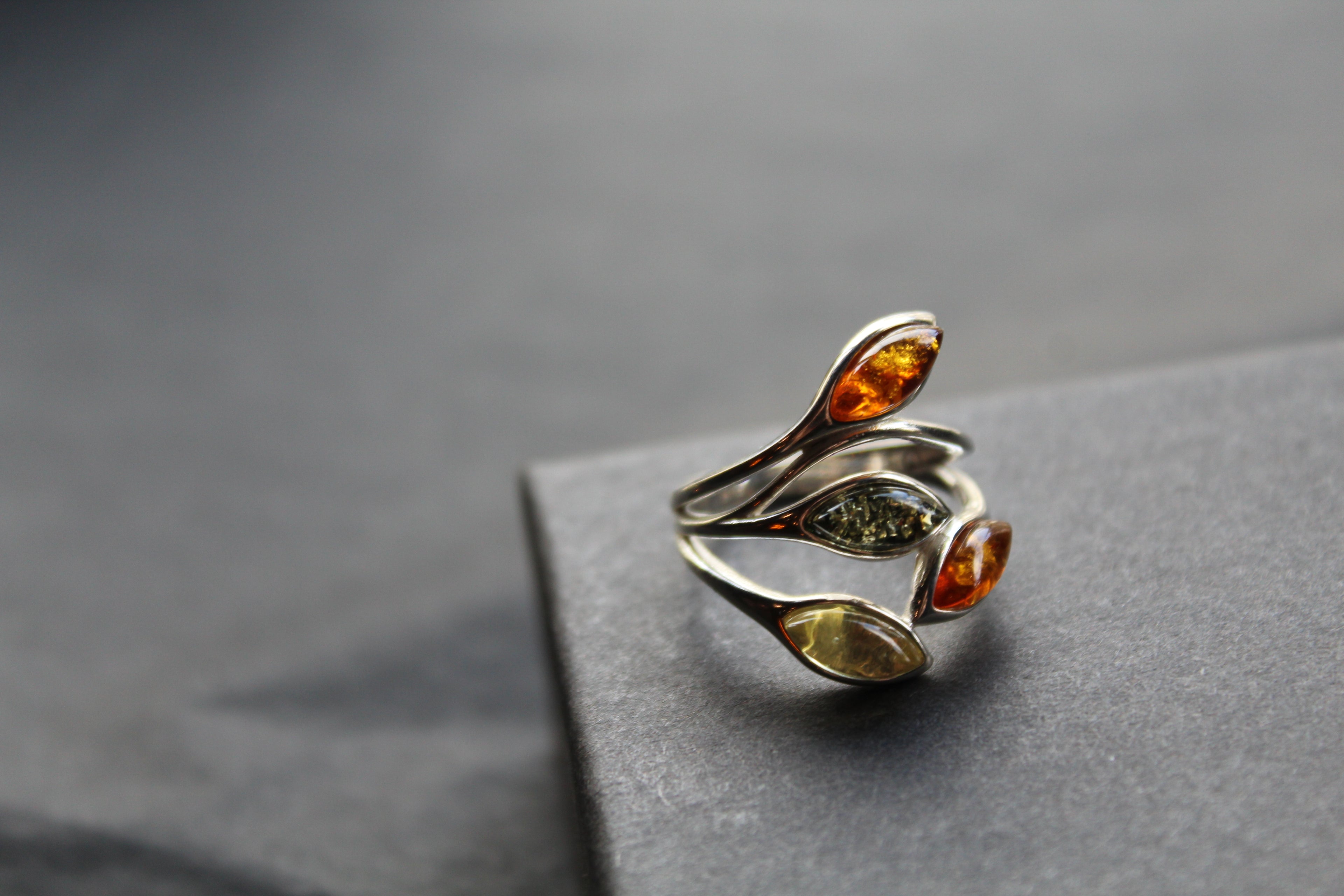 Silver Ring with Mixed Amber Leaves