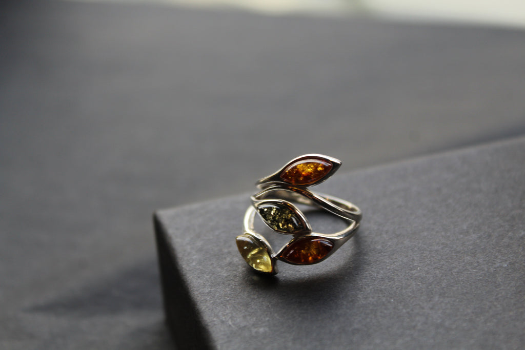 Silver Ring with Mixed Amber Leaves