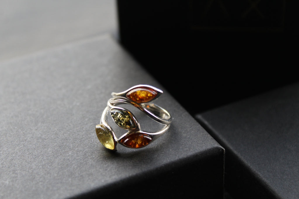 Silver Ring with Mixed Amber Leaves