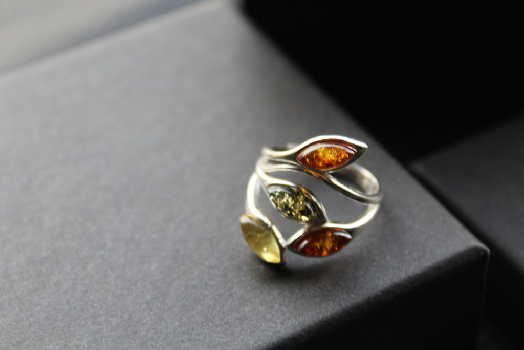 Silver Ring with Mixed Amber Leaves