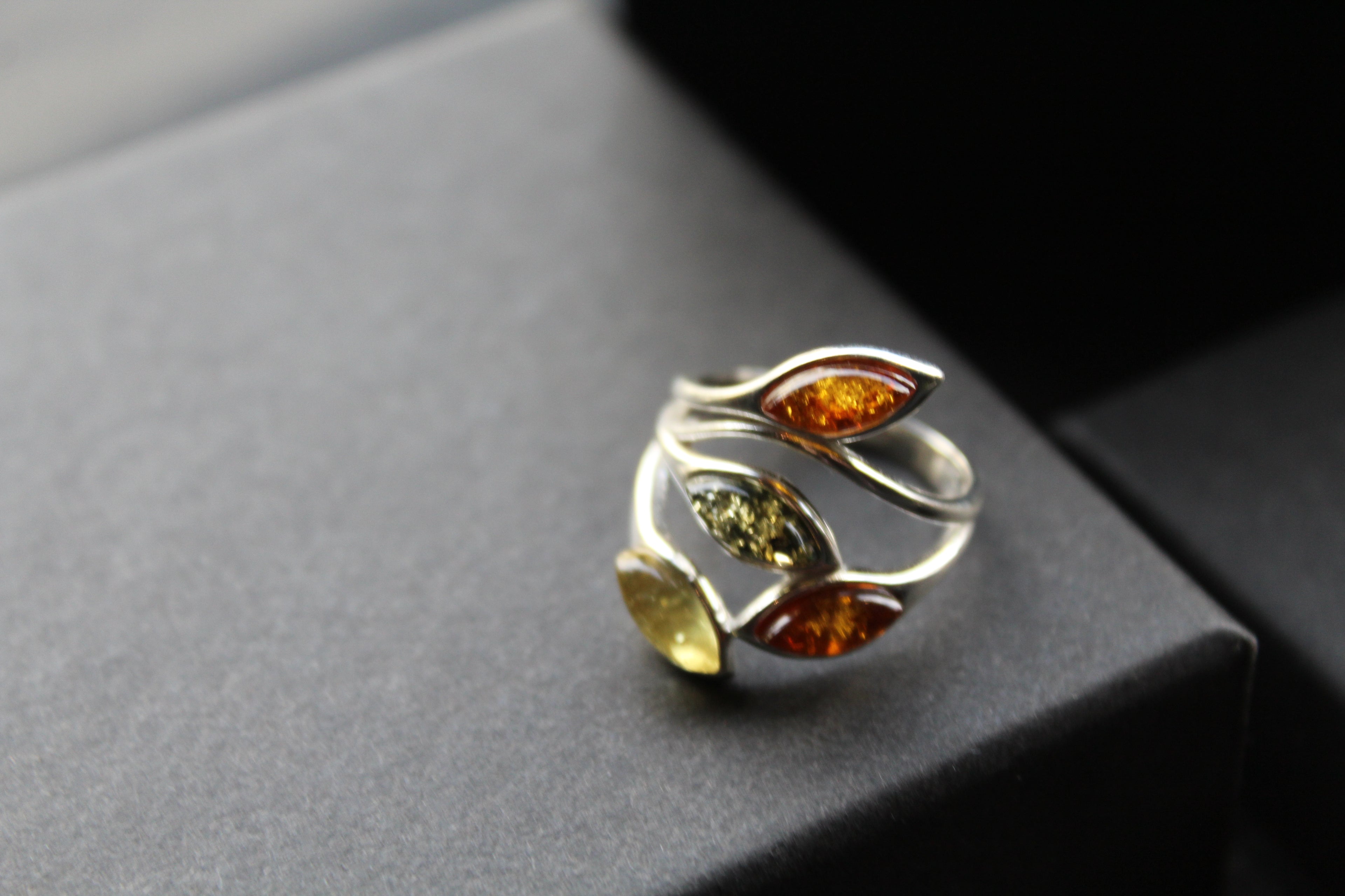 Silver Ring with Mixed Amber Leaves