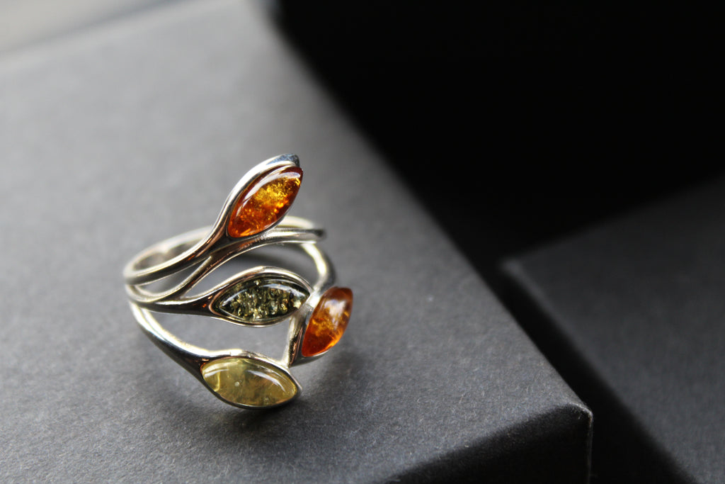 Silver Ring with Mixed Amber Leaves