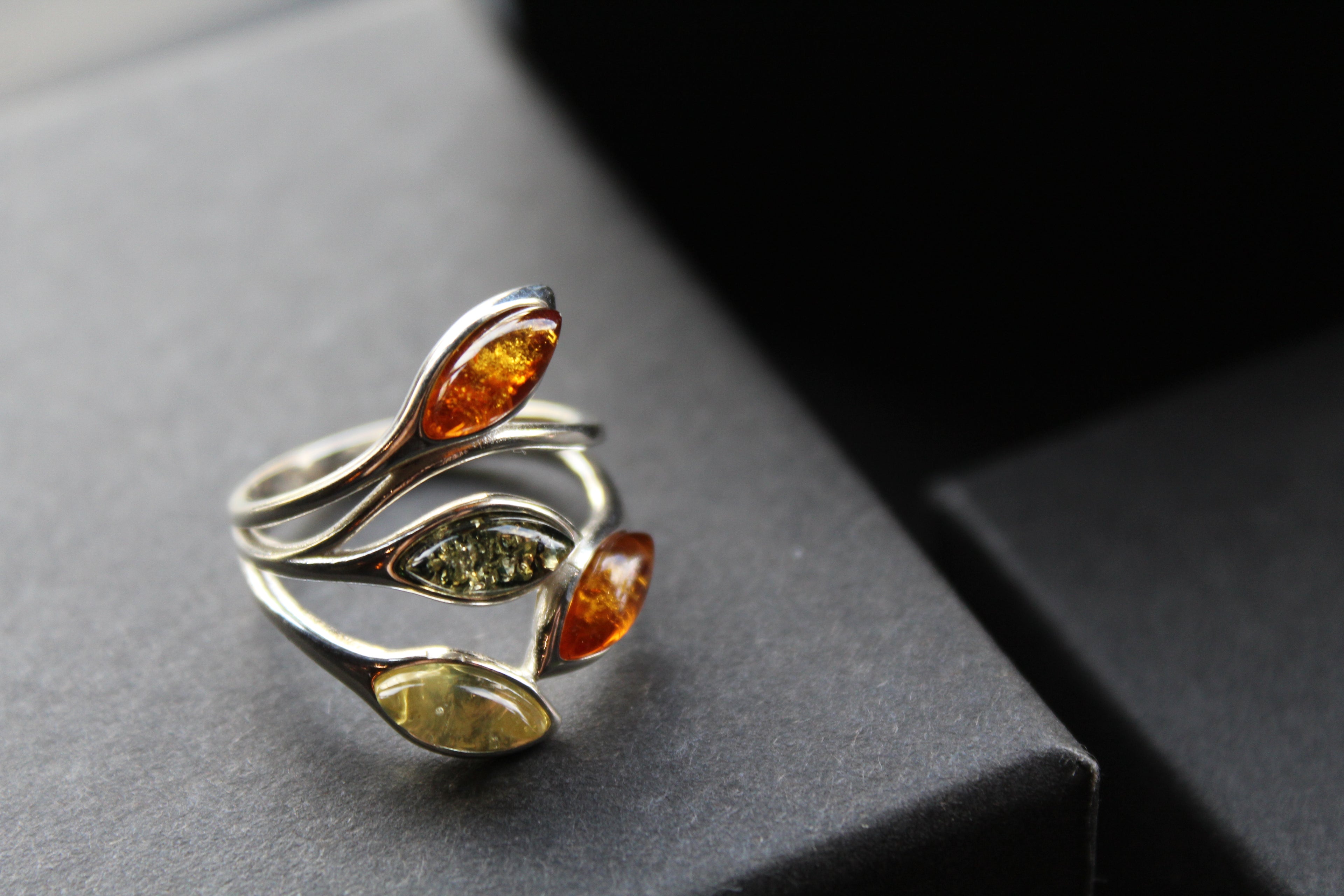 Silver Ring with Mixed Amber Leaves