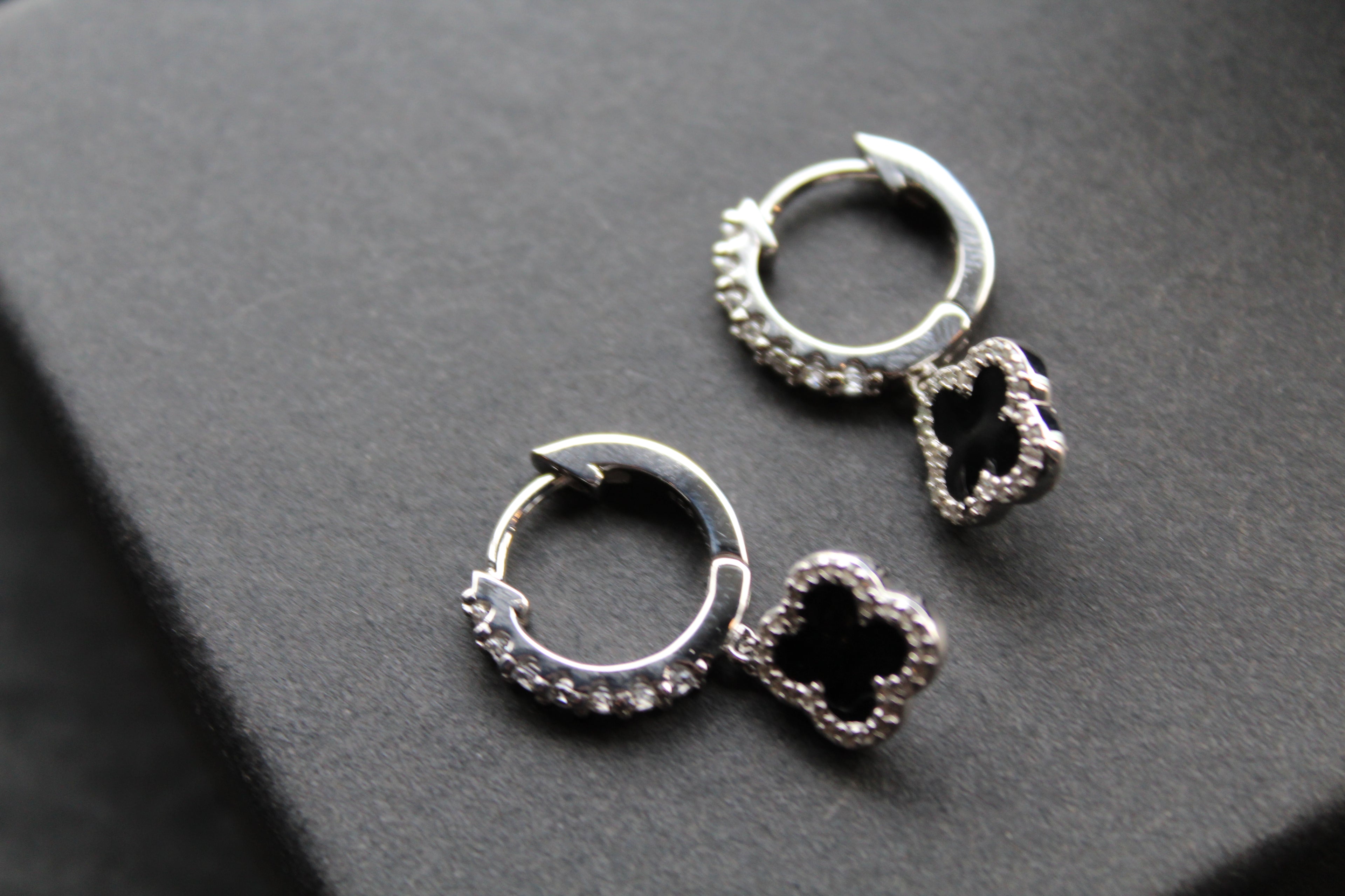 Silver & Black Enamel Vintage Flower Huggies