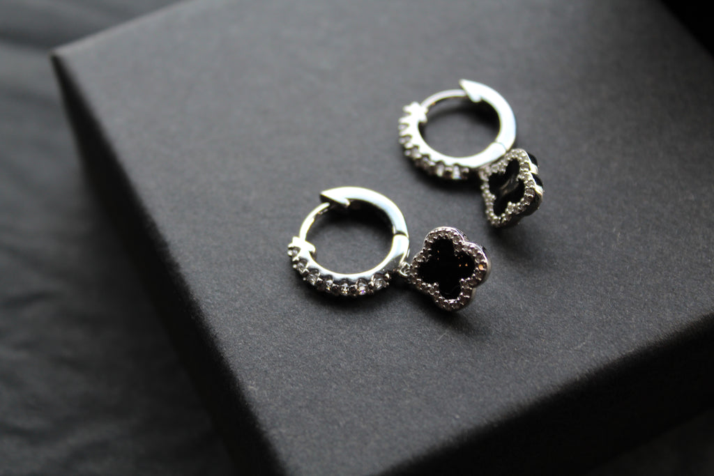 Silver & Black Enamel Vintage Flower Huggies