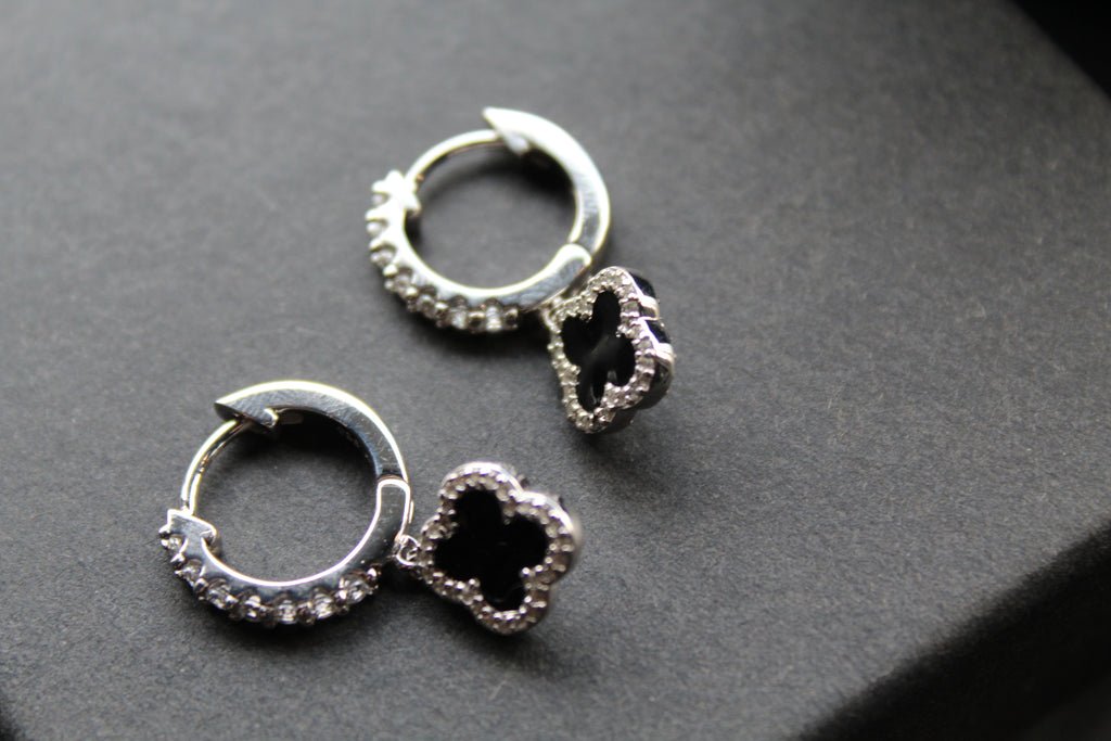 Silver & Black Enamel Vintage Flower Huggies