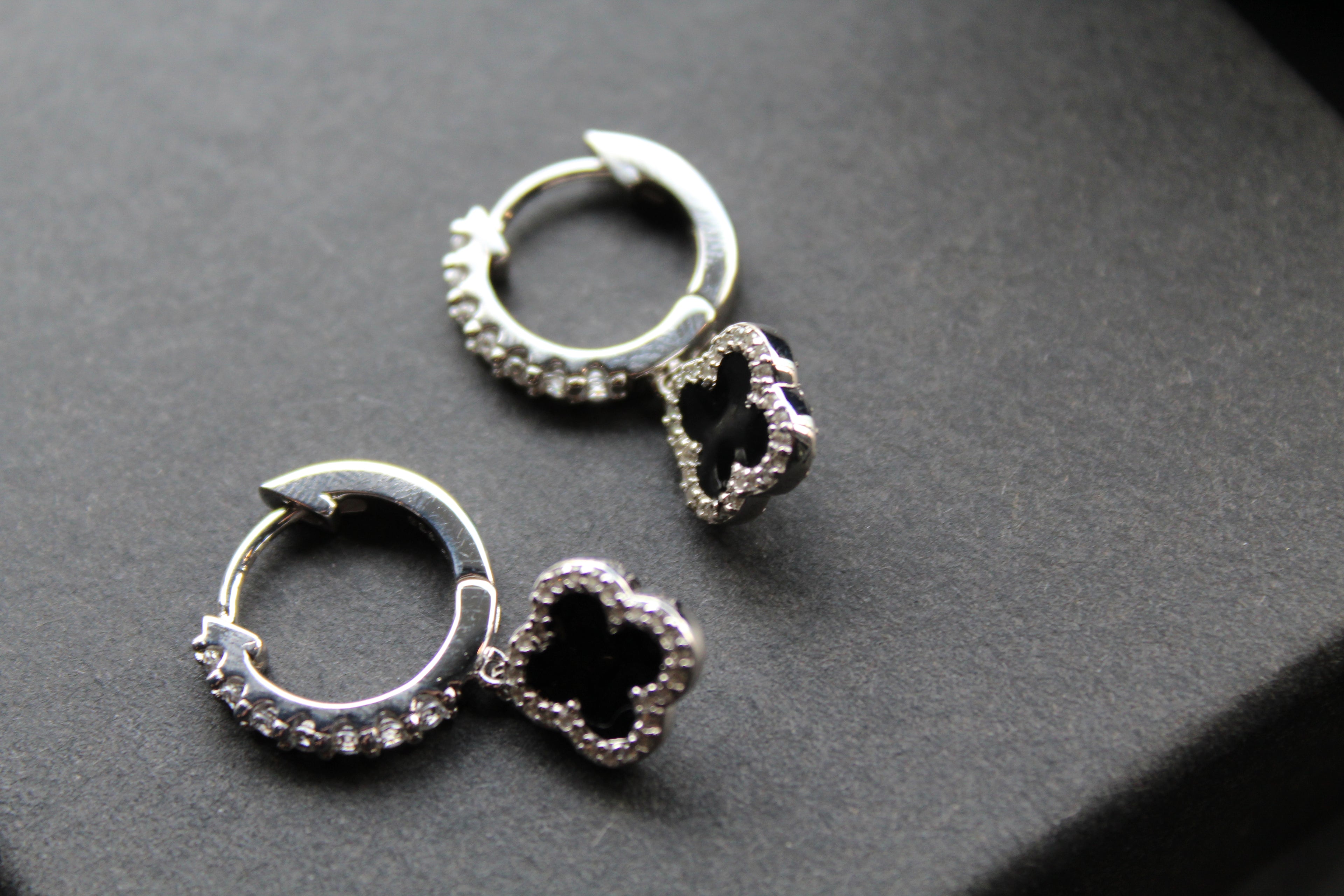 Silver & Black Enamel Vintage Flower Huggies