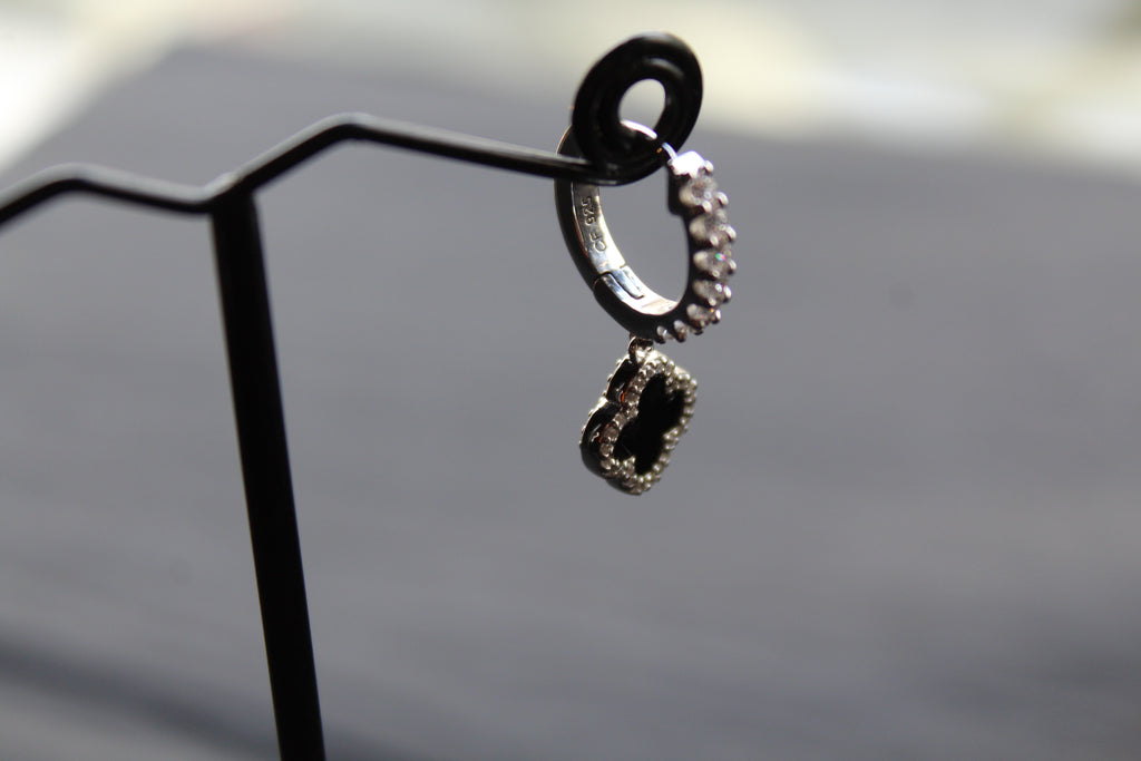 Silver & Black Enamel Vintage Flower Huggies