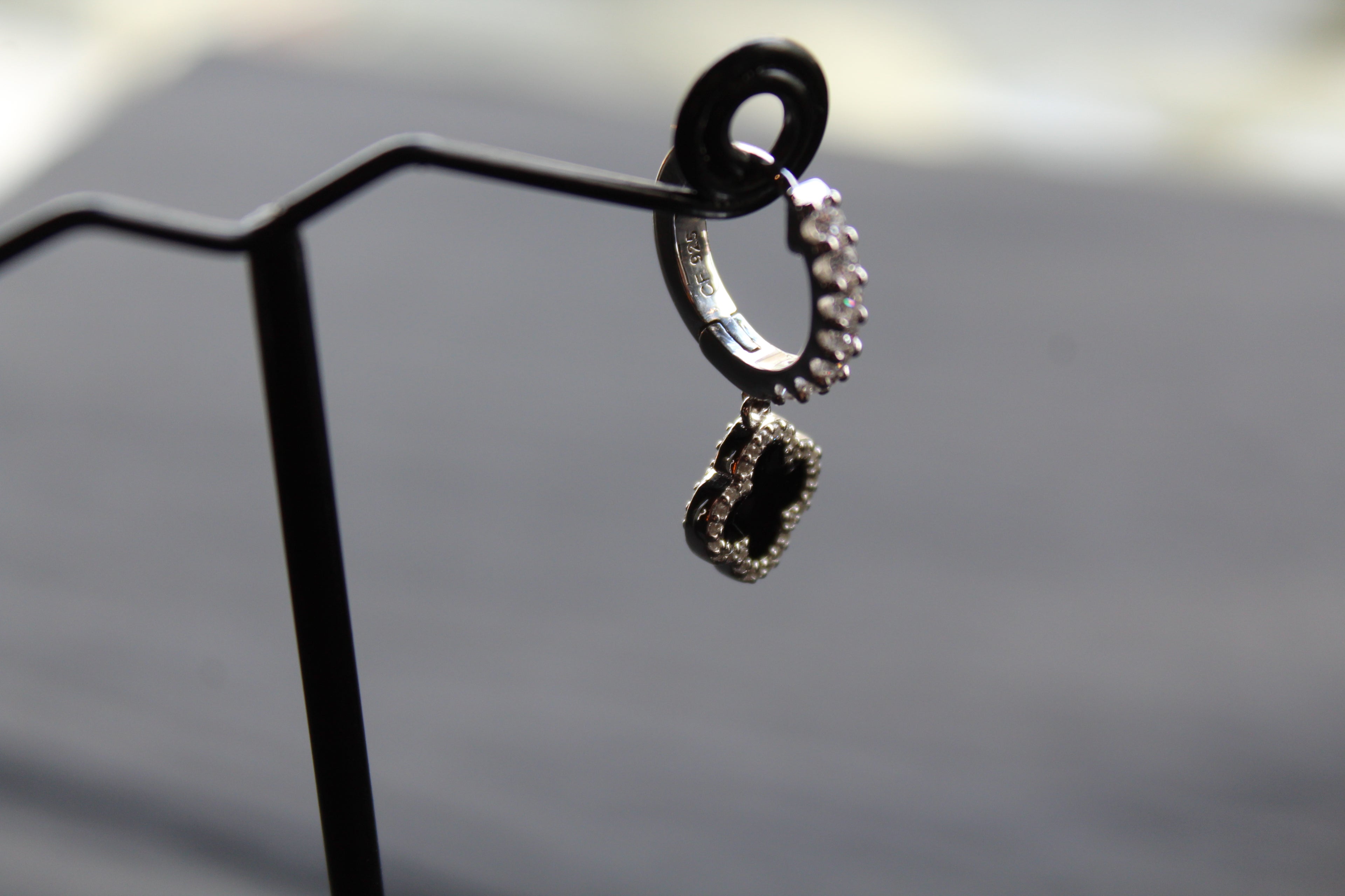 Silver & Black Enamel Vintage Flower Huggies