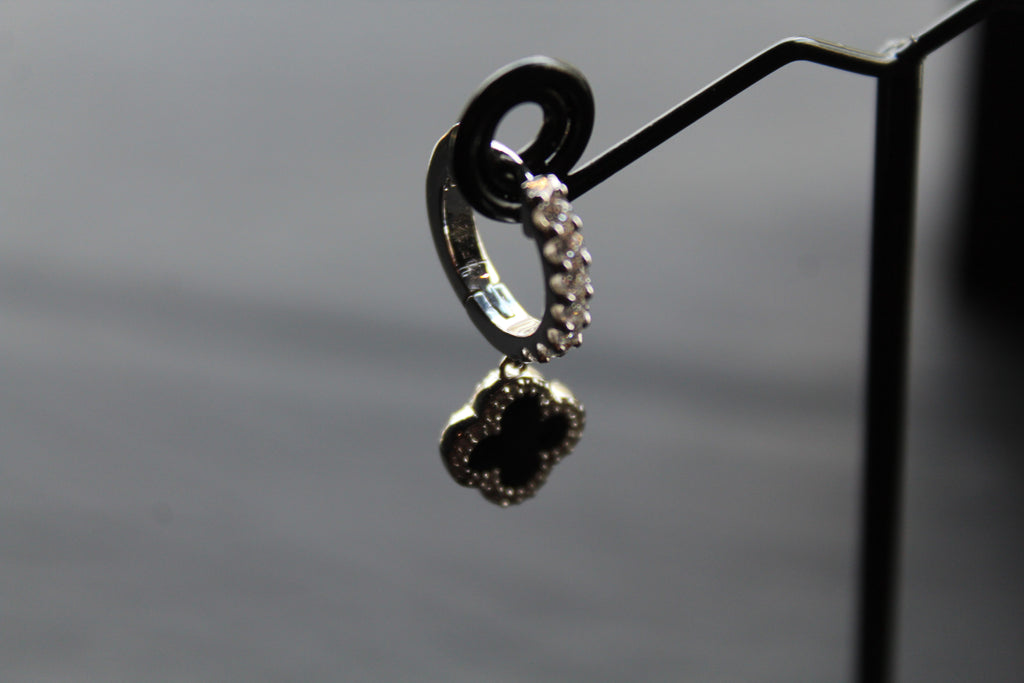 Silver & Black Enamel Vintage Flower Huggies