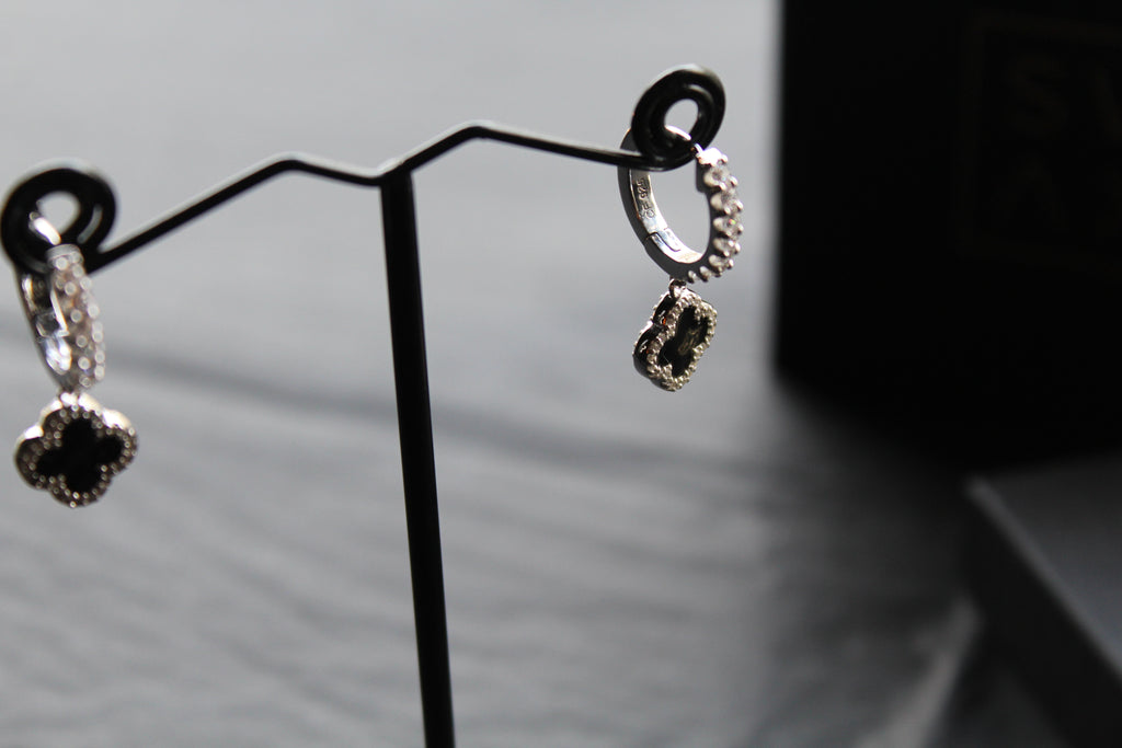 Silver & Black Enamel Vintage Flower Huggies