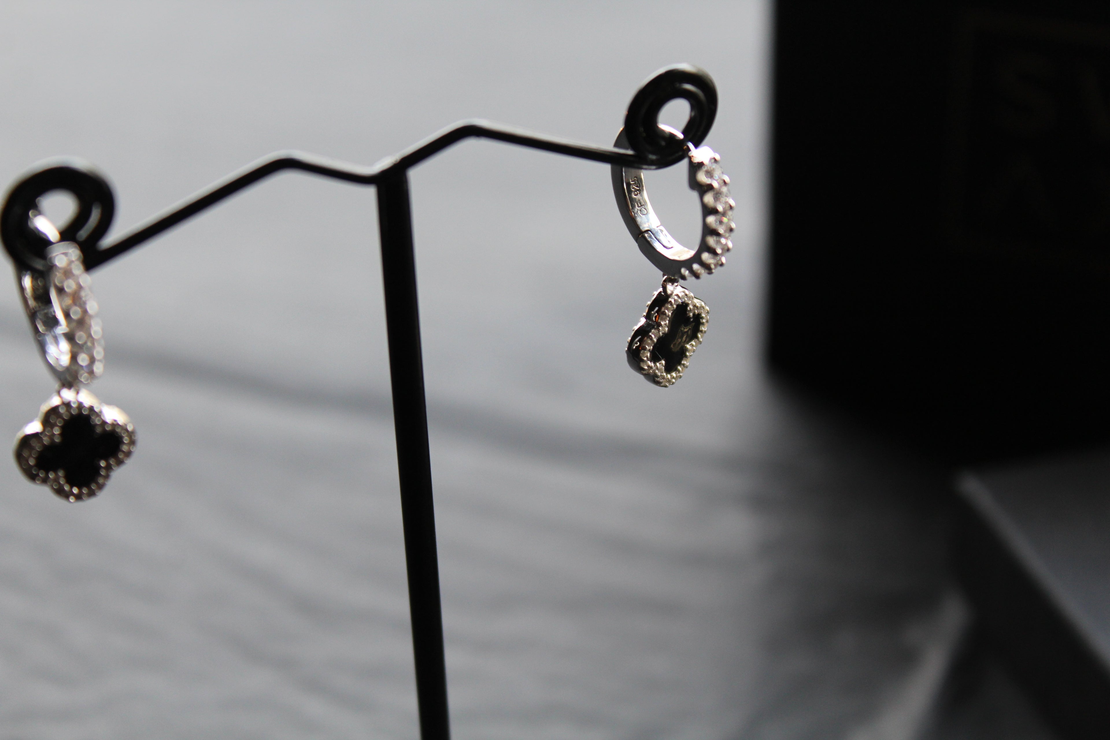 Silver & Black Enamel Vintage Flower Huggies