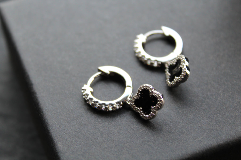 Silver & Black Enamel Vintage Flower Huggies