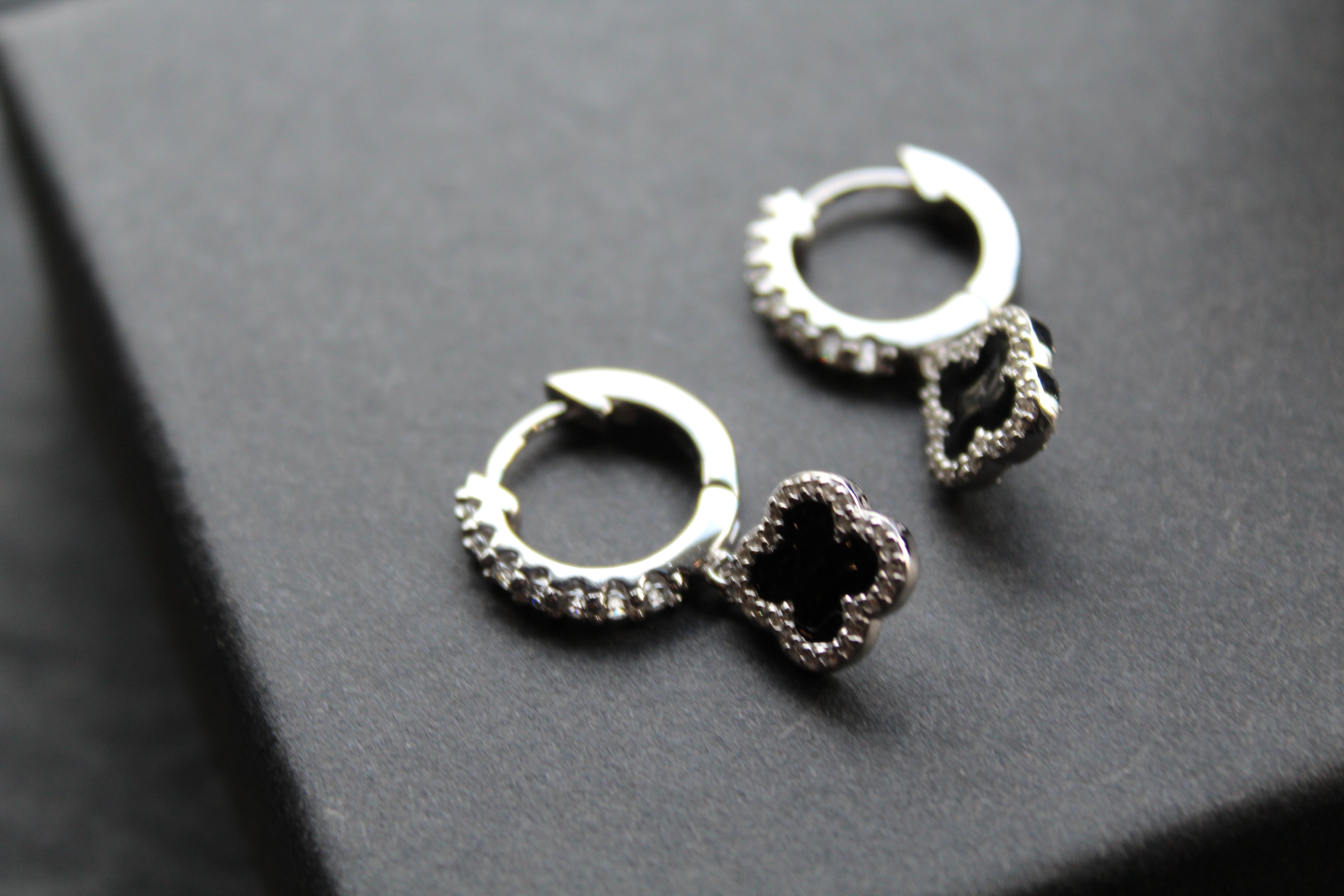 Silver & Black Enamel Vintage Flower Huggies