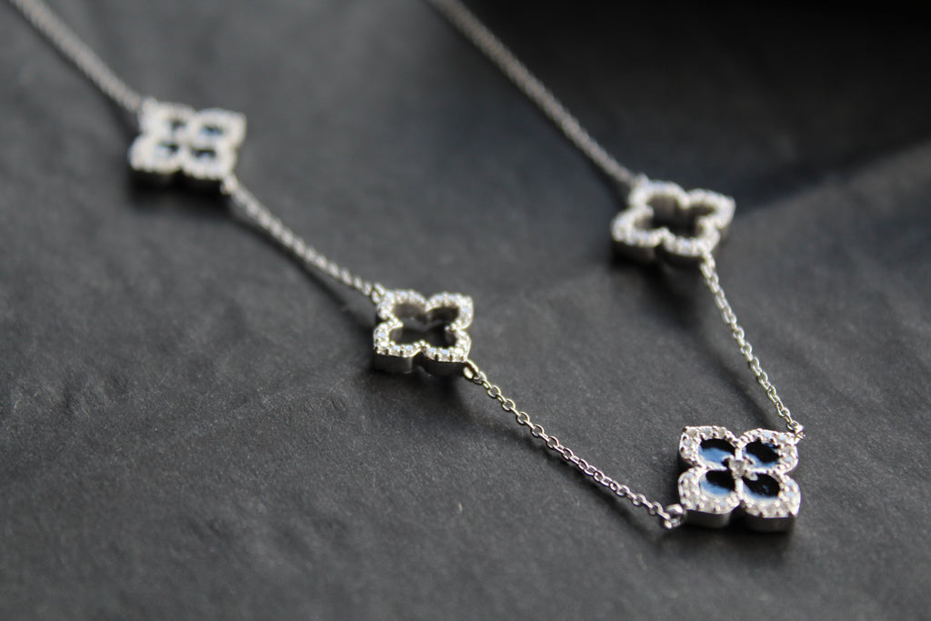 Silver & Black Enamel Vintage Flower Necklace Large