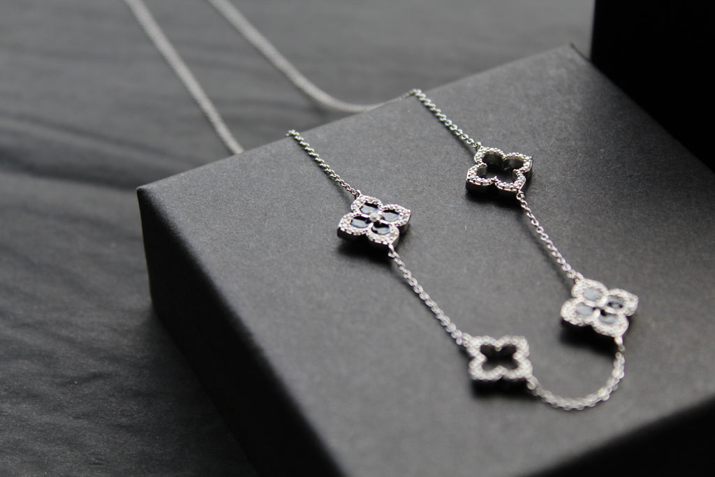 Silver & Black Enamel Vintage Flower Necklace Large
