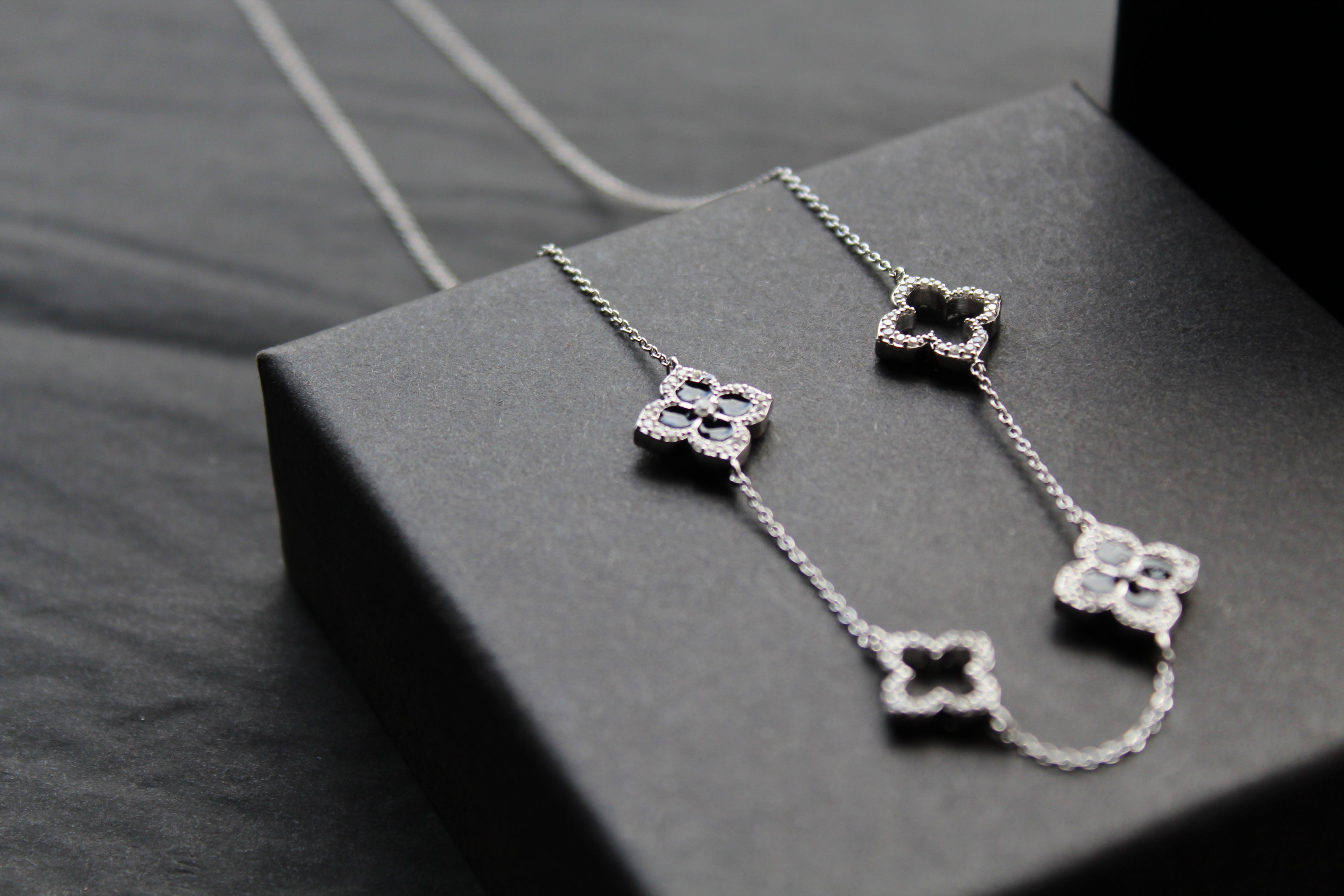 Silver & Black Enamel Vintage Flower Necklace Large