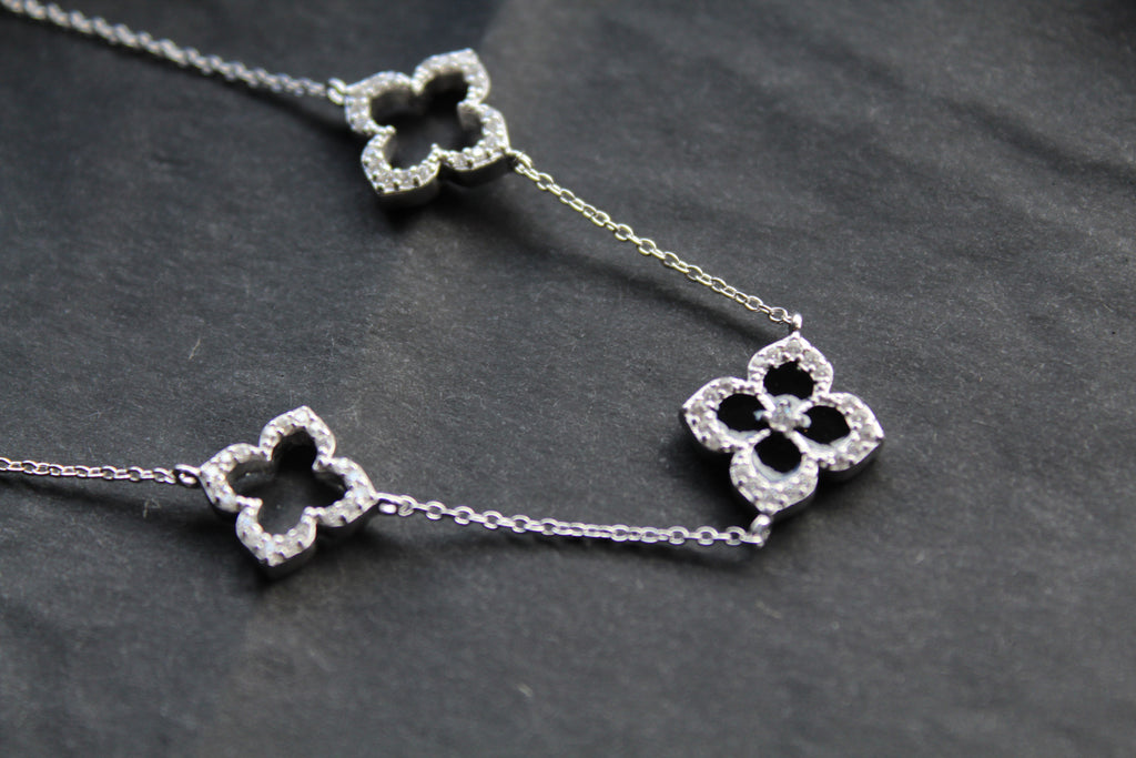 Silver & Black Enamel Vintage Flower Necklace Large