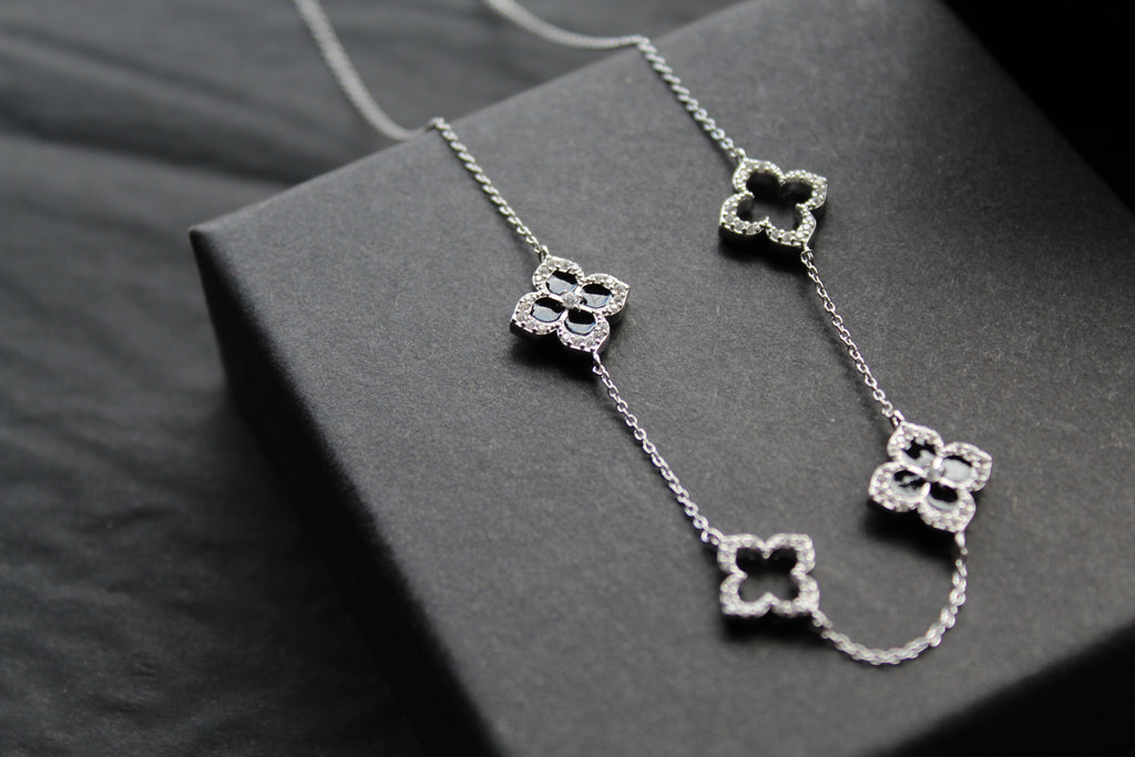 Silver & Black Enamel Vintage Flower Necklace Large