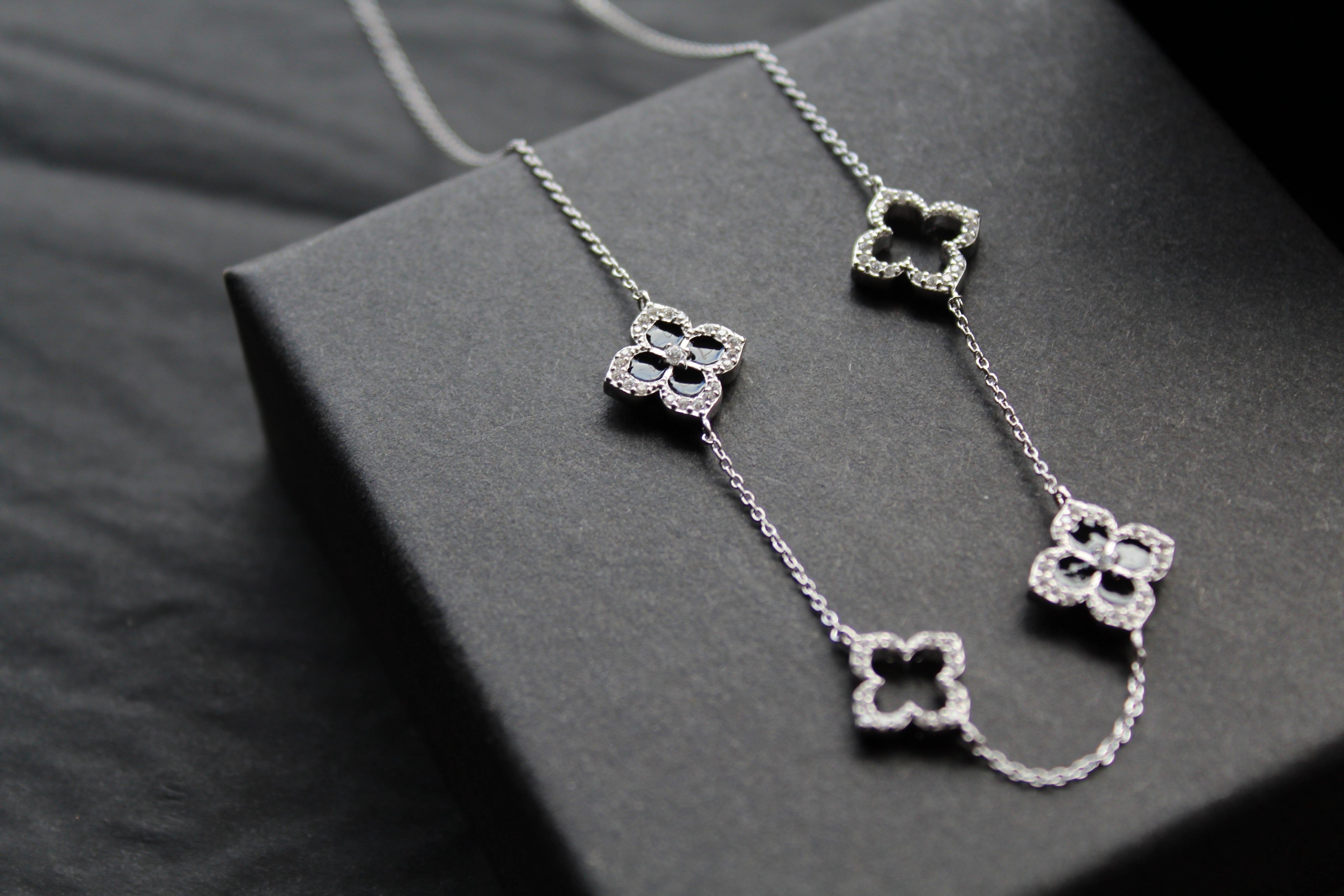 Silver & Black Enamel Vintage Flower Necklace Large