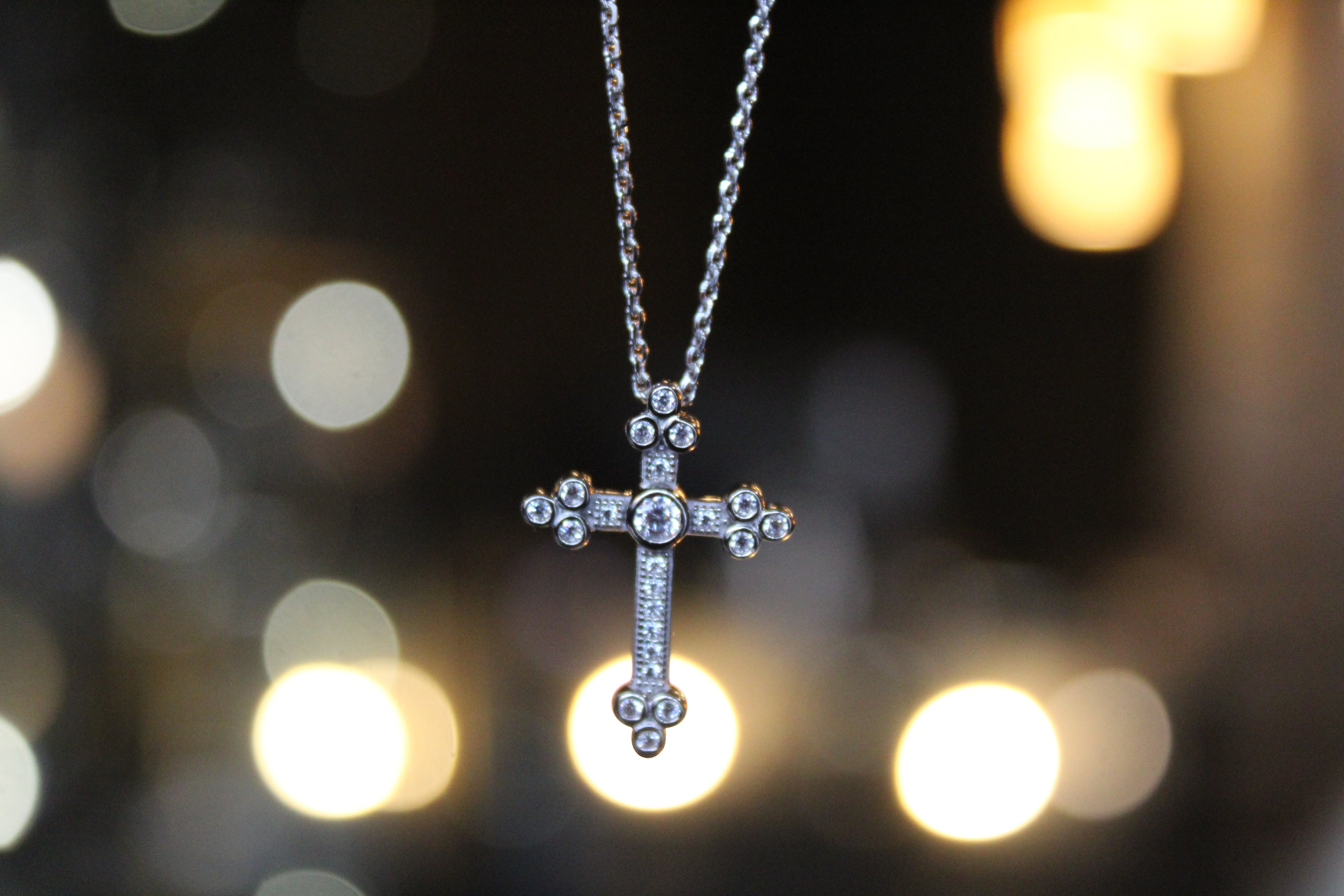 Silver, Gold & Cubic Zirconia Cathedral Cross Necklace