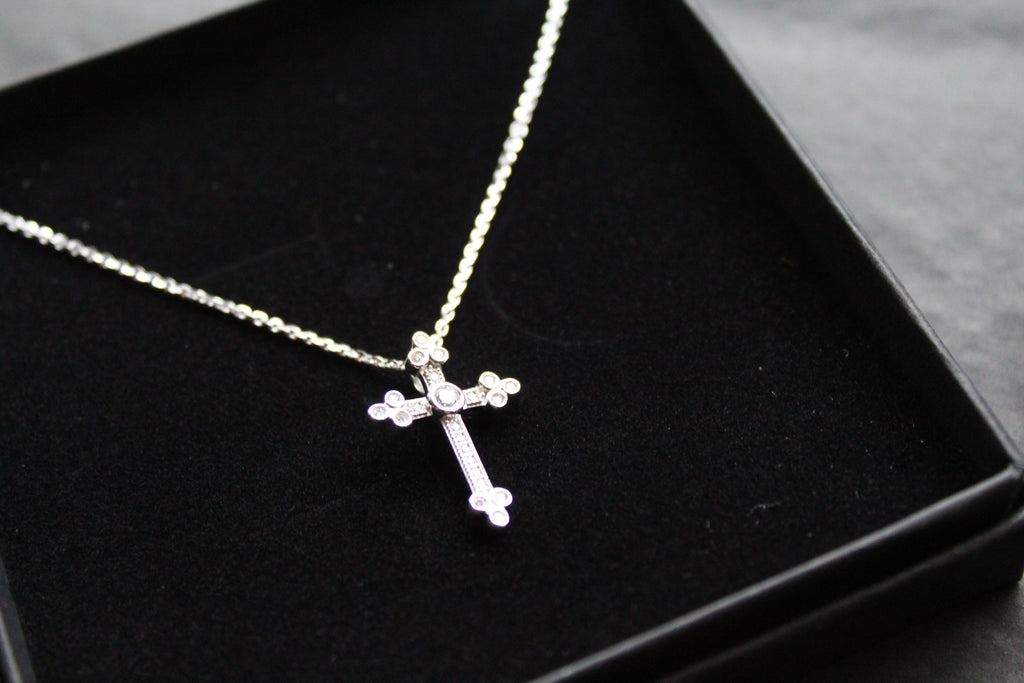 Silver, Gold & Cubic Zirconia Cathedral Cross Necklace
