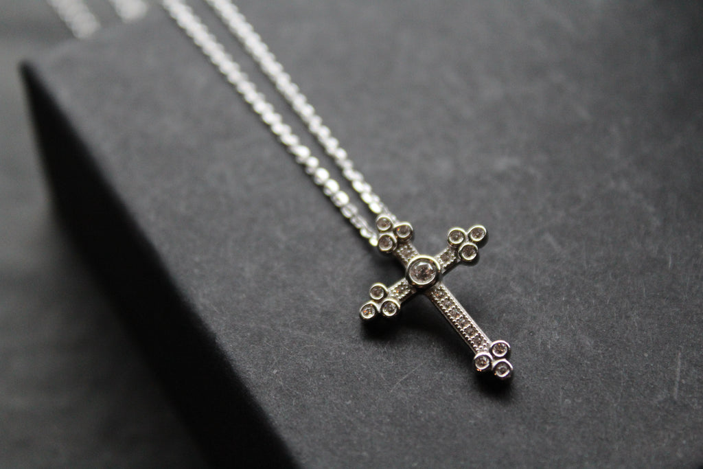 Silver, Gold & Cubic Zirconia Cathedral Cross Necklace