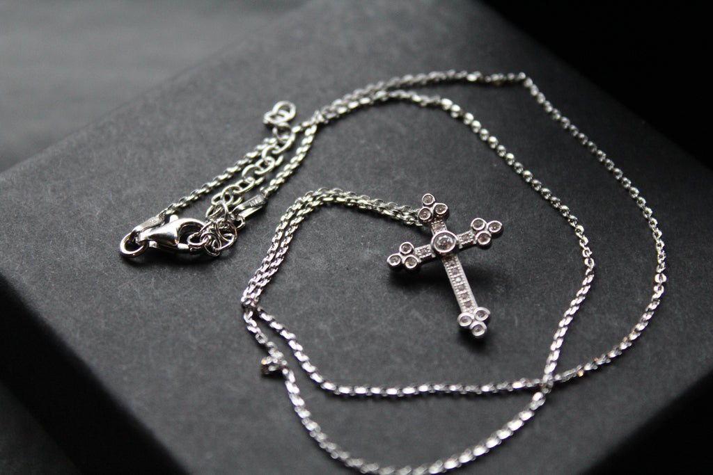 Silver, Gold & Cubic Zirconia Cathedral Cross Necklace