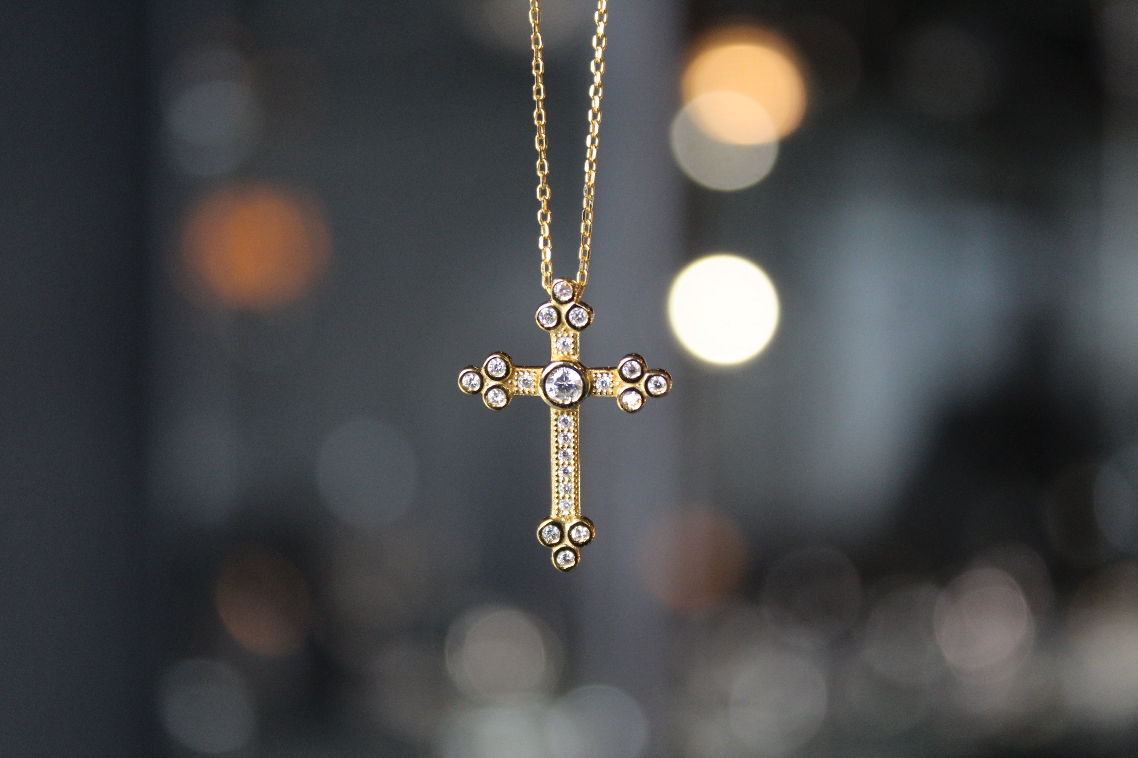 Silver, Gold & Cubic Zirconia Cathedral Cross Necklace