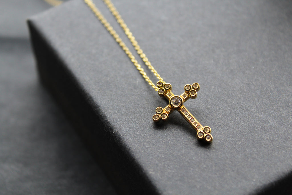 Silver, Gold & Cubic Zirconia Cathedral Cross Necklace