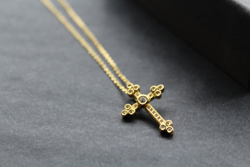 Silver, Gold & Cubic Zirconia Cathedral Cross Necklace