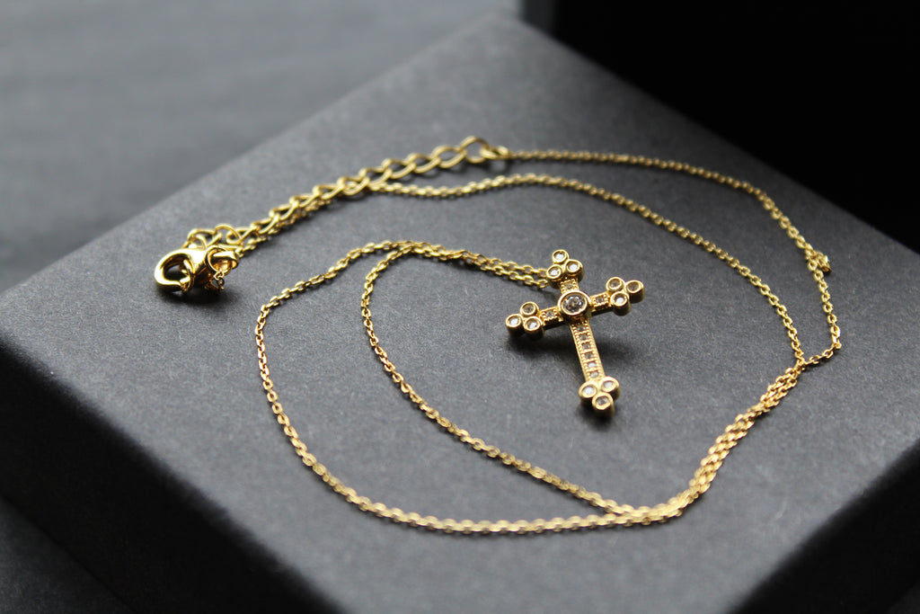 Silver, Gold & Cubic Zirconia Cathedral Cross Necklace