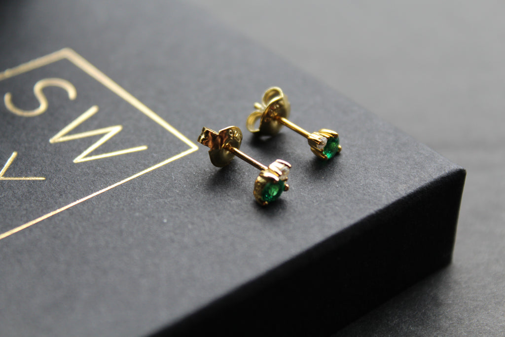 Silver, Gold & Emerald Cubic Zirconia Solitaire Stud Earrings