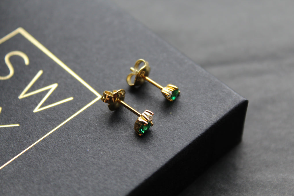 Silver, Gold & Emerald Cubic Zirconia Solitaire Stud Earrings