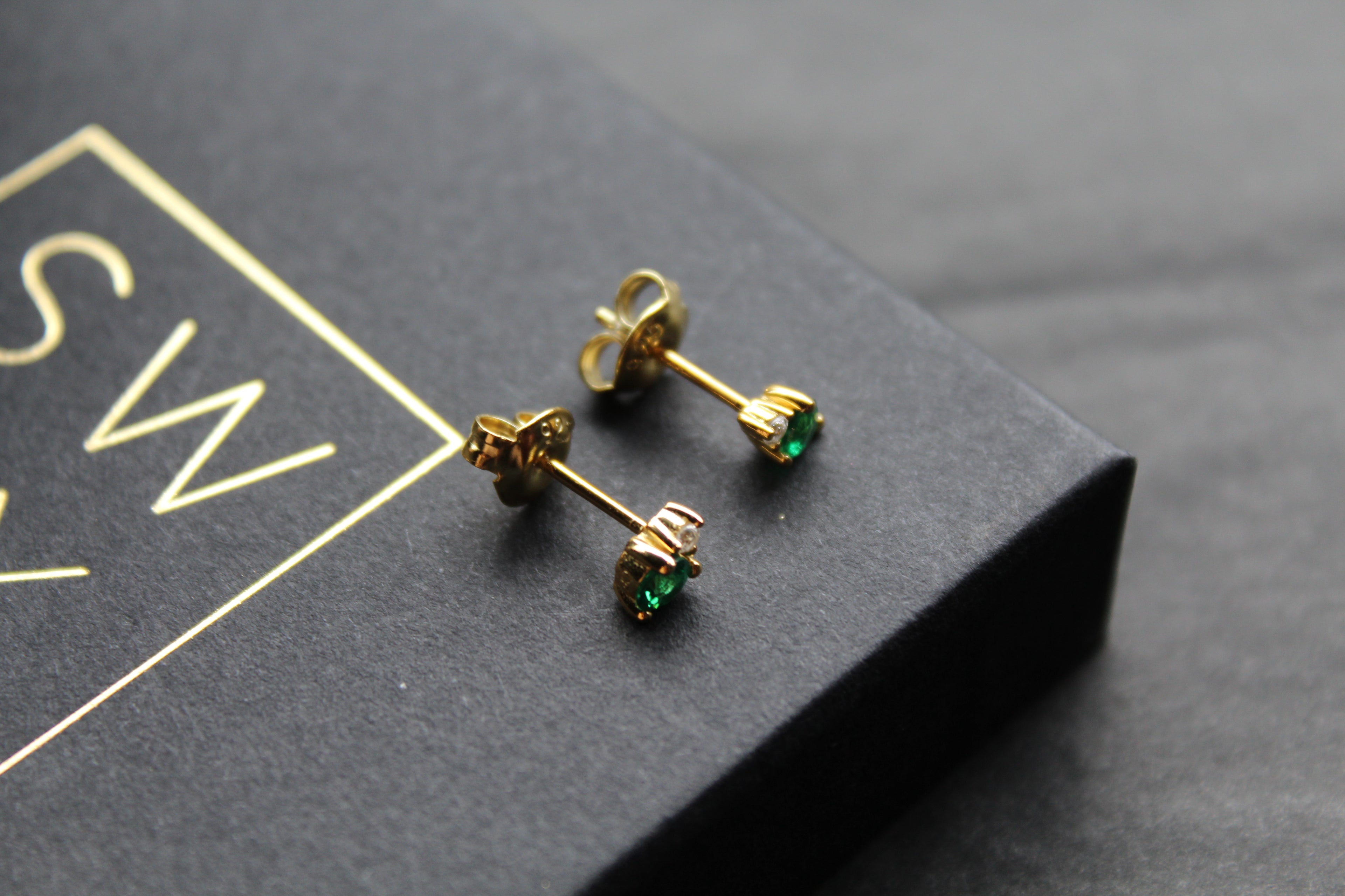 Silver, Gold & Emerald Cubic Zirconia Solitaire Stud Earrings