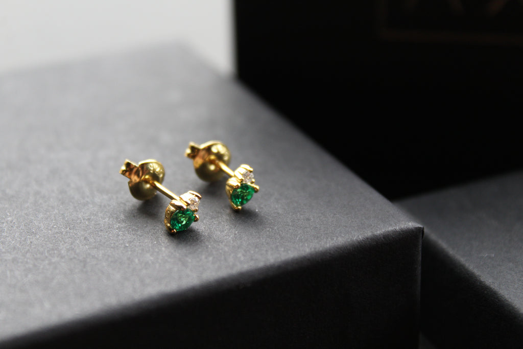 Silver, Gold & Emerald Cubic Zirconia Solitaire Stud Earrings