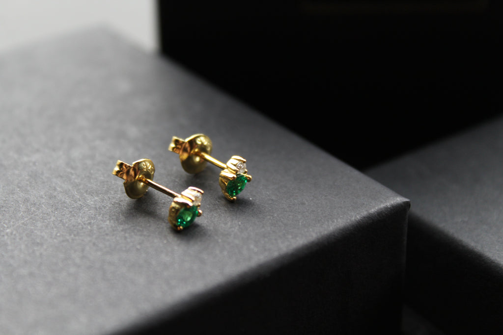 Silver, Gold & Emerald Cubic Zirconia Solitaire Stud Earrings