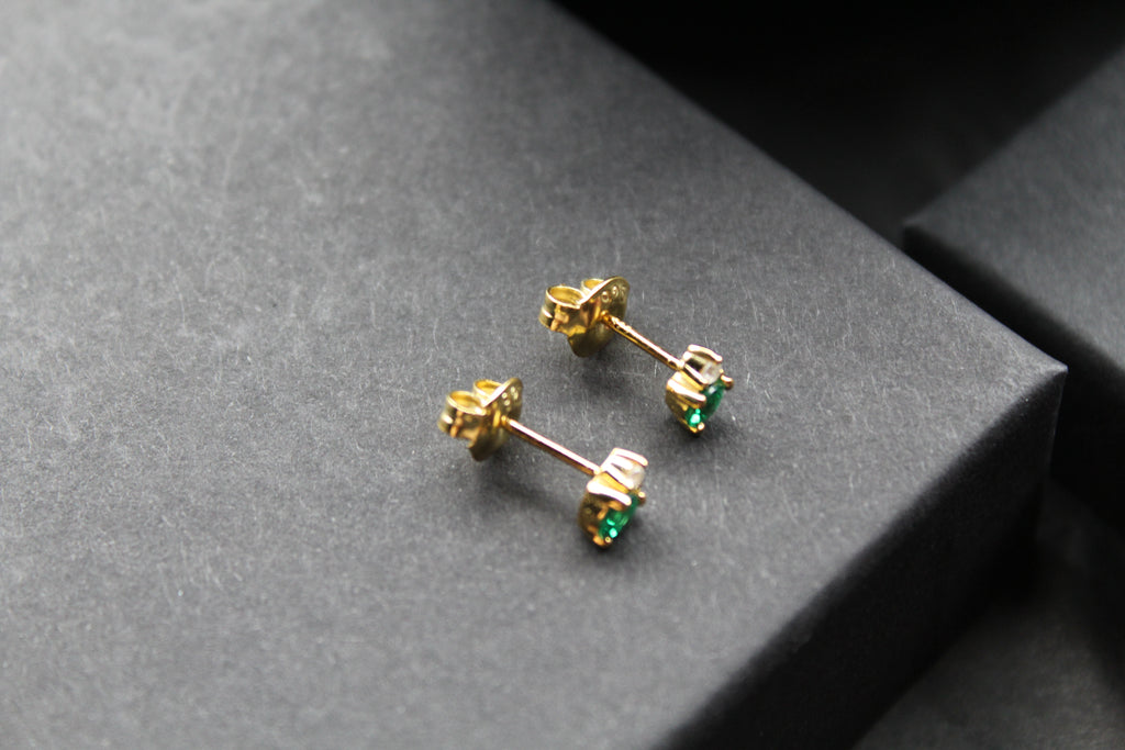 Silver, Gold & Emerald Cubic Zirconia Solitaire Stud Earrings