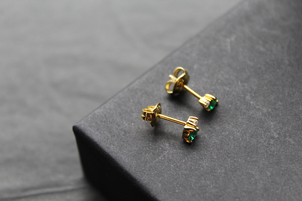 Silver, Gold & Emerald Cubic Zirconia Solitaire Stud Earrings