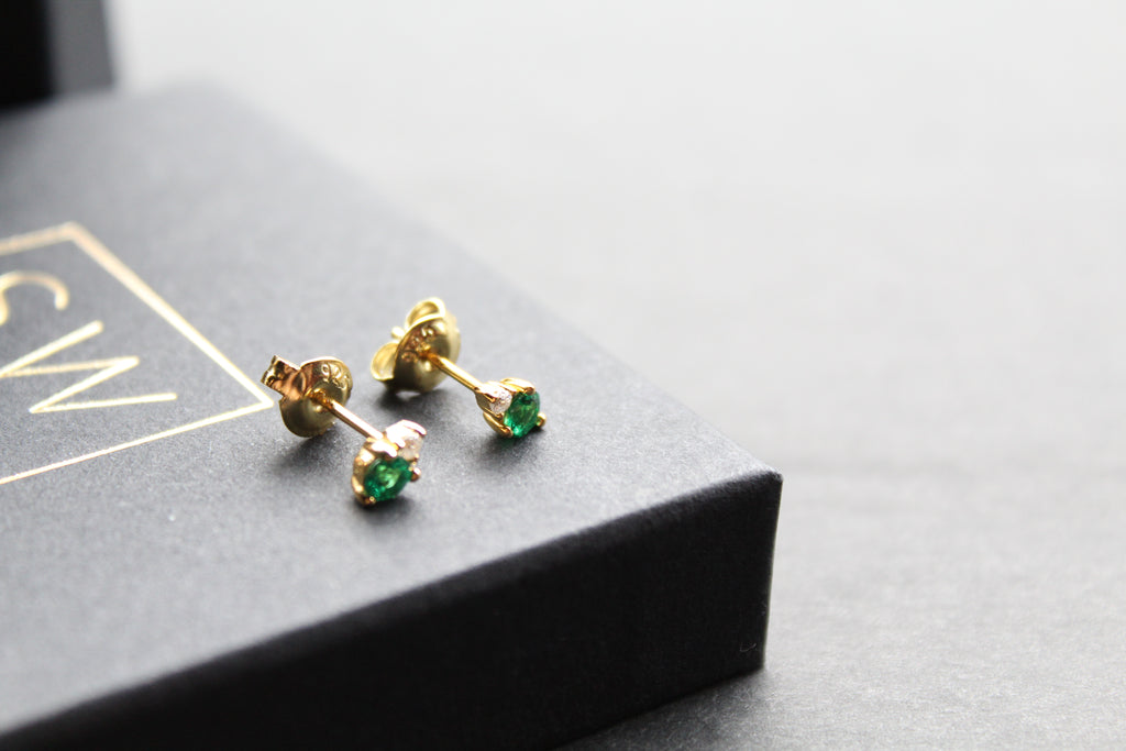 Silver, Gold & Emerald Cubic Zirconia Solitaire Stud Earrings