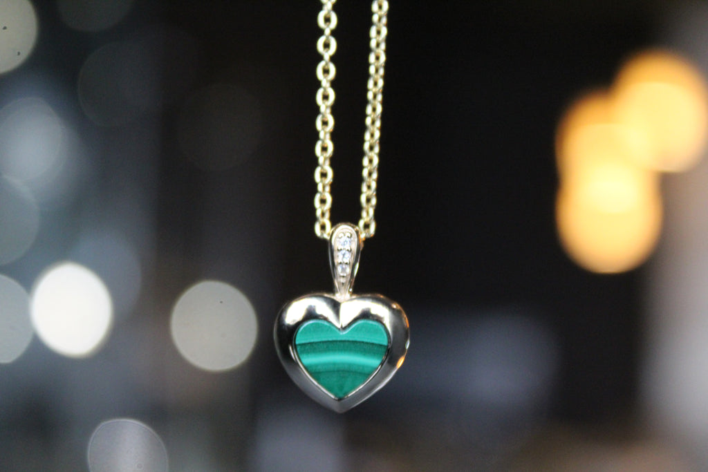 Silver with Gold Plate Malachite Heart Pendant