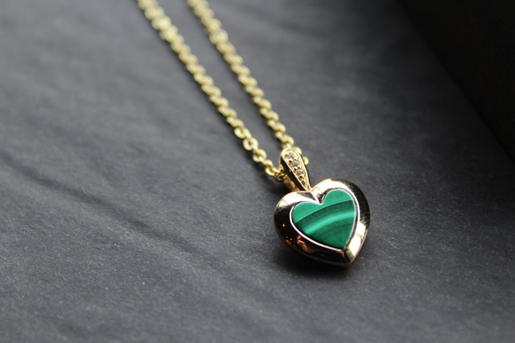 Silver with Gold Plate Malachite Heart Pendant