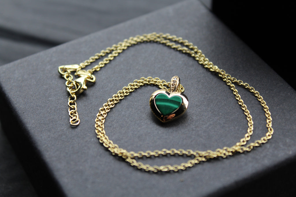 Silver with Gold Plate Malachite Heart Pendant