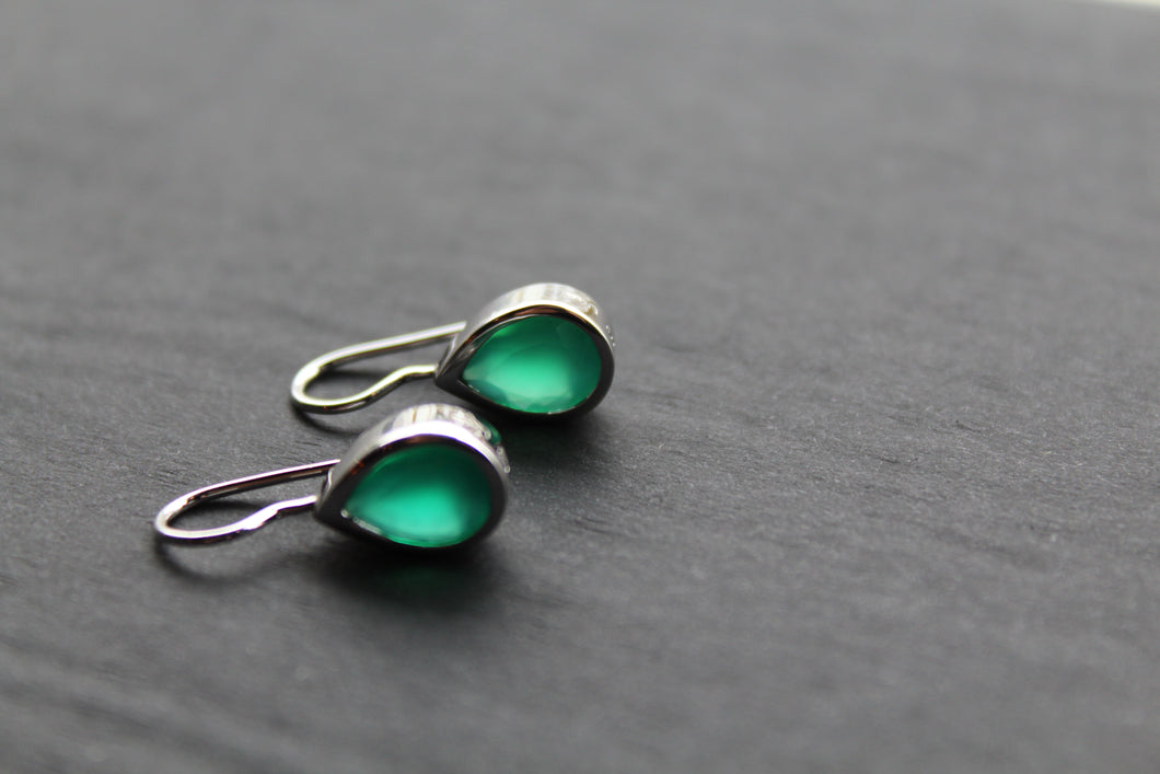 Silver with Rhodium Plate Drop Earrings with Green Onyx